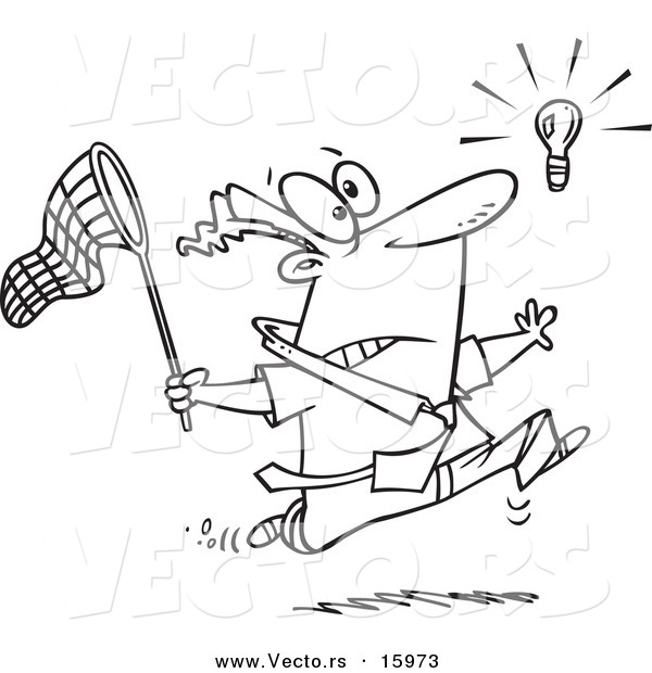 Vector of a Cartoon Businessman Chasing an Elusive Idea with a Net - Outlined Coloring Page Drawing