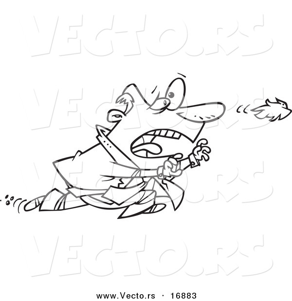 Vector of a Cartoon Businessman Chasing His Toupee in the Wind - Coloring Page Outline