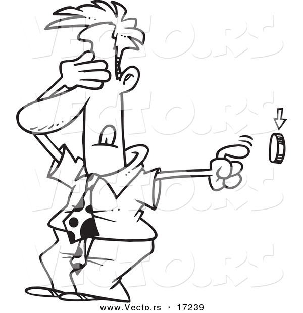 Vector of a Cartoon Businessman Covering His Eyes and Pushing a Button - Coloring Page Outline