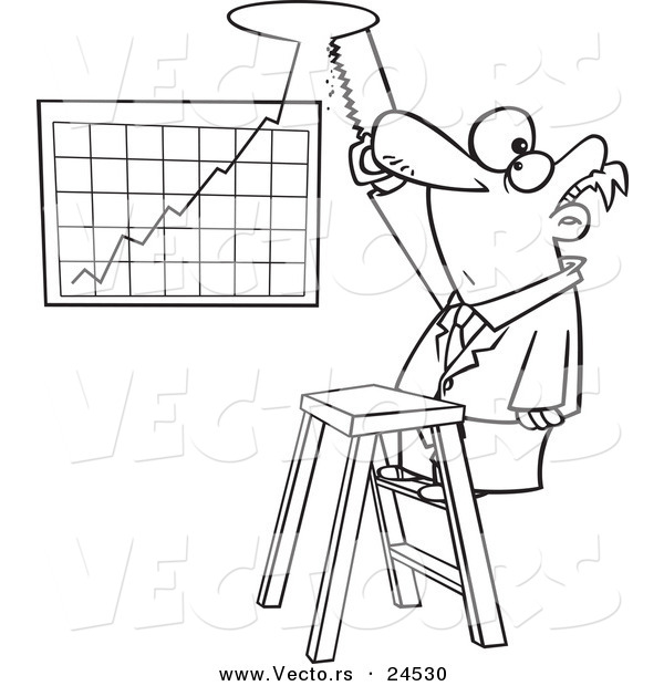Vector of a Cartoon Businessman Cutting a Hole in the Ceiling for His Profit Chart - Outlined Coloring Page