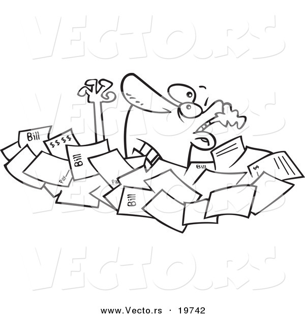 Vector of a Cartoon Businessman Drowning in Papers - Outlined Coloring Page