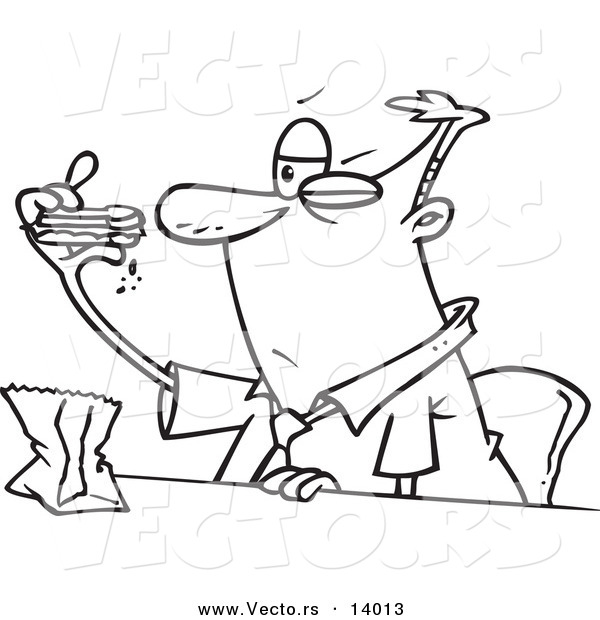 Vector of a Cartoon Businessman Eating a Boring Sandwich - Coloring Page Outline