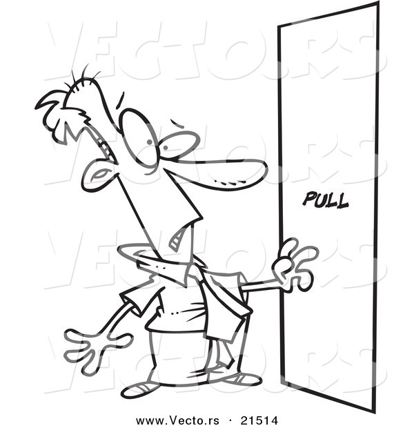 Vector of a Cartoon Businessman Facing a Door Without a Handle - Outlined Coloring Page