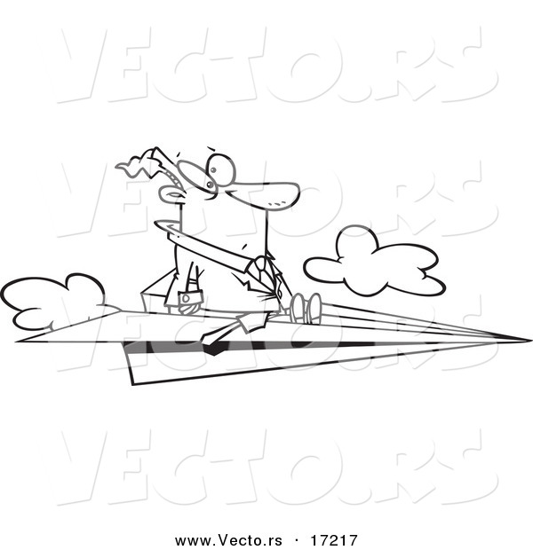 Vector of a Cartoon Businessman Flying on a Paper Airplane - Coloring Page Outline