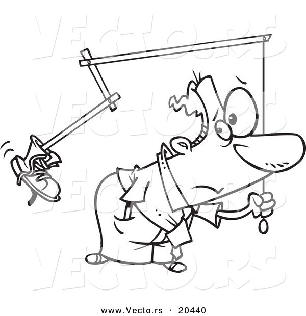 Vector of a Cartoon Businessman Holding a Boot on a Stick - Coloring Page Outline