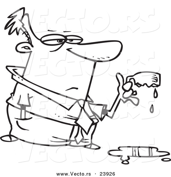 Vector of a Cartoon Businessman Holding a Cup Melted by Strong Coffee - Coloring Page Outline