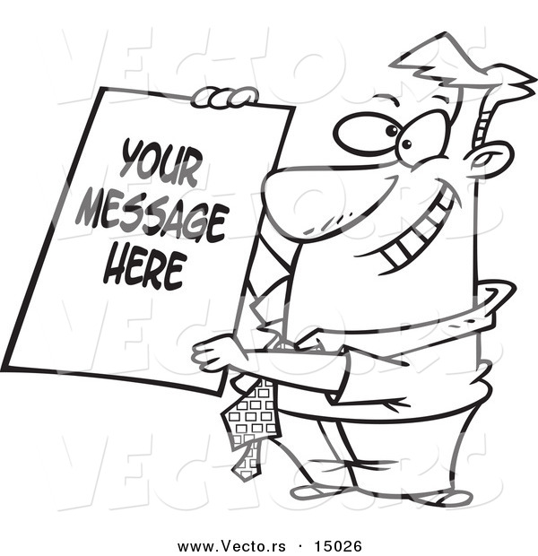 Vector of a Cartoon Businessman Holding a Sign with Sample Text - Coloring Page Outline