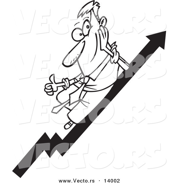 Vector of a Cartoon Businessman Holding a Thumb up on a Growth Arrow - Coloring Page Outline