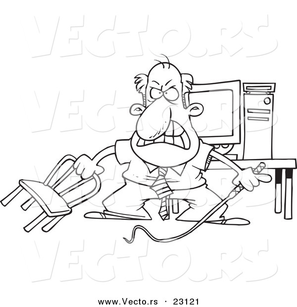 Vector of a Cartoon Businessman Holding a Whip in Front of His Computer - Coloring Page Outline