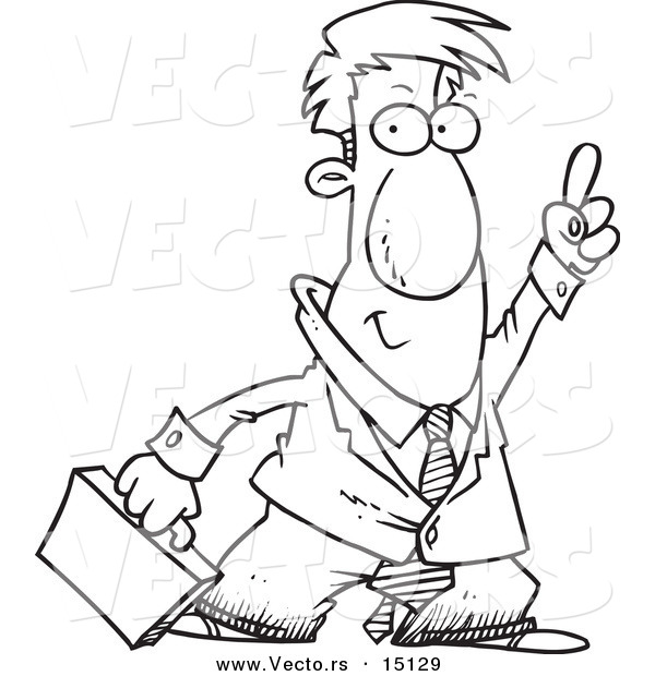 Vector of a Cartoon Businessman Holding His Finger up - Coloring Page Outline