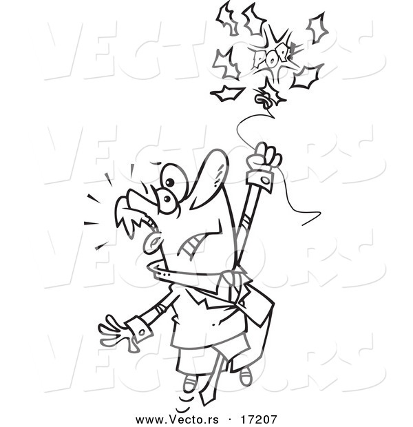 Vector of a Cartoon Businessman Holding onto a Bursting Balloon - Coloring Page Outline