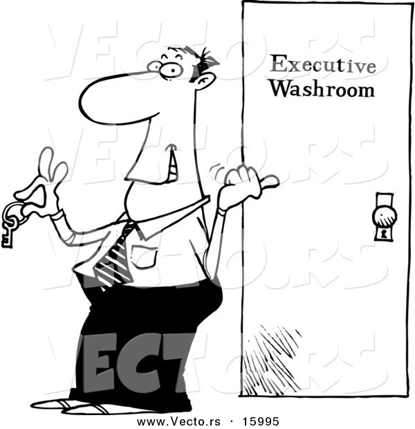 Vector of a Cartoon Businessman Holding the Key to an Executive Washroom - Outlined Coloring Page Drawing