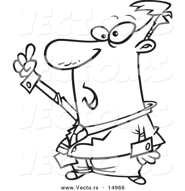 Vector of a Cartoon Businessman Holding up a Finger - Coloring Page Outline