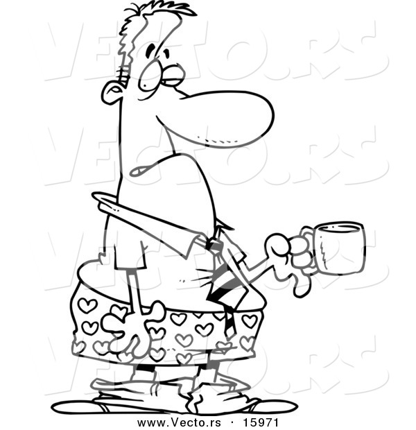 Vector of a Cartoon Businessman in Boxers, Holding a Cup of Coffee - Outlined Coloring Page Drawing