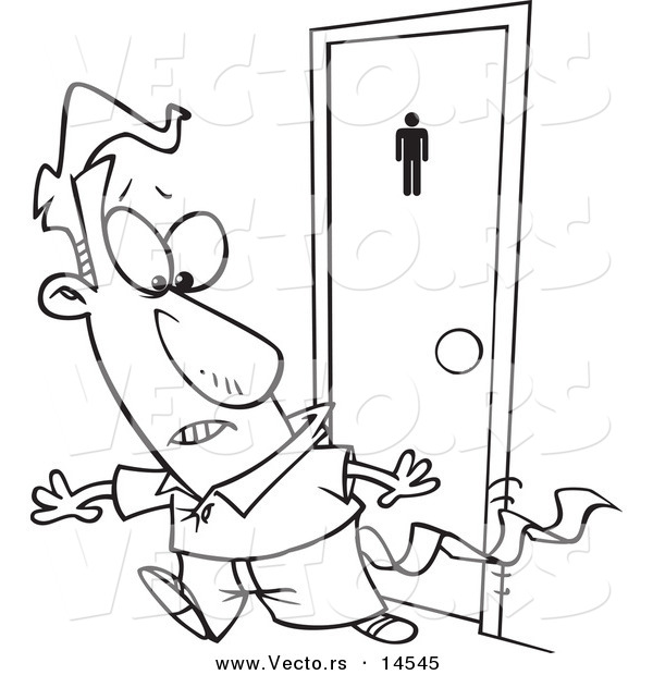 Vector of a Cartoon Businessman Leaving a Bathroom with Tissue Stuck to His Pants - Coloring Page Outline
