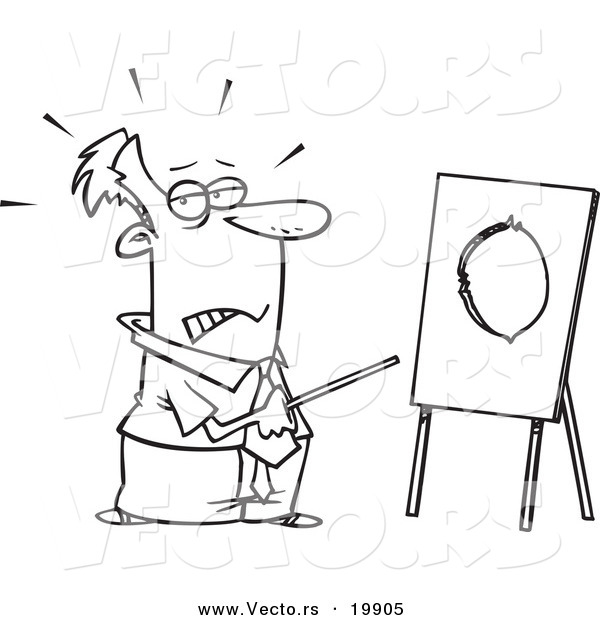 Vector of a Cartoon Businessman Pointing to a Board with a Hole - Outlined Coloring Page