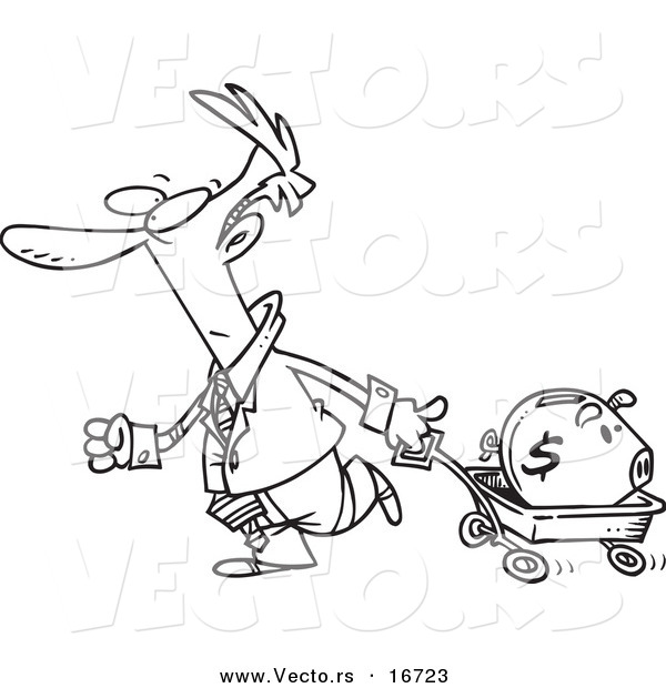 Vector of a Cartoon Businessman Pulling a Piggy Bank in a Wagon - Outlined Coloring Page Drawing