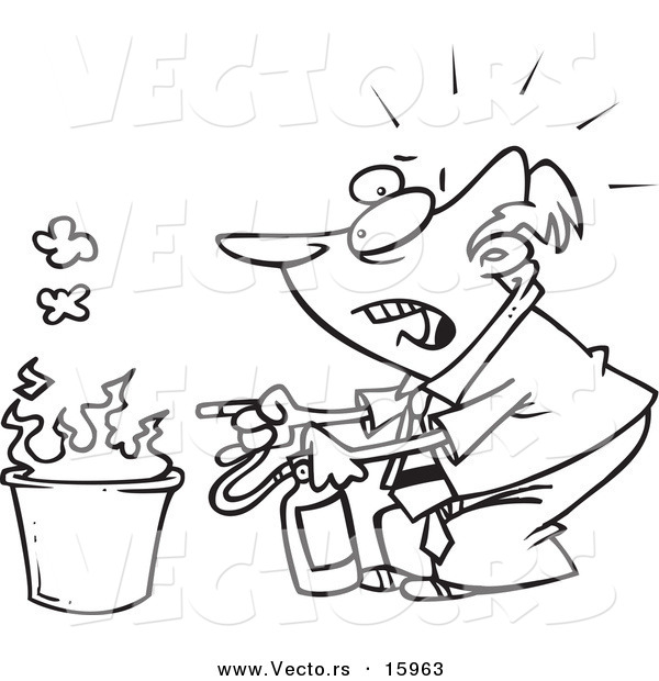 Vector of a Cartoon Businessman Putting out a Fire - Outlined Coloring Page Drawing