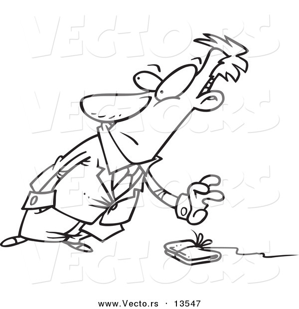 Vector of a Cartoon Businessman Reaching for a Wallet on a String - Coloring Page Outline