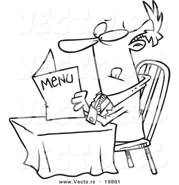 Vector of a Cartoon Businessman Reading a Diner Menu - Outlined Coloring Page