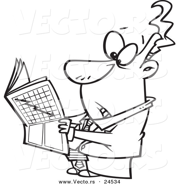 Vector of a Cartoon Businessman Reading the Stock Market News - Outlined Coloring Page