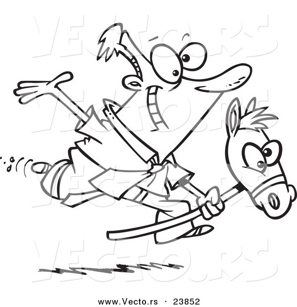 Vector of a Cartoon Businessman Riding a Stick Pony - Coloring Page Outline