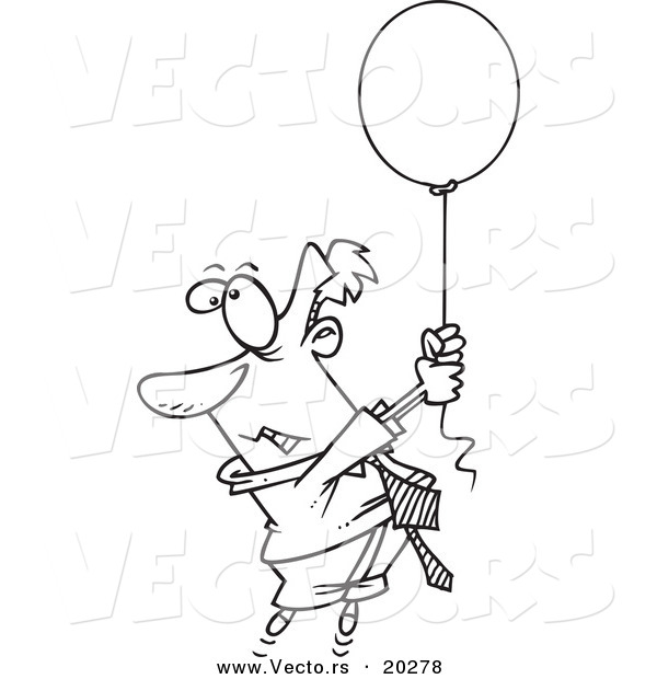 Vector of a Cartoon Businessman Rising into the Air While Holding a Helium Balloon - Coloring Page Outline