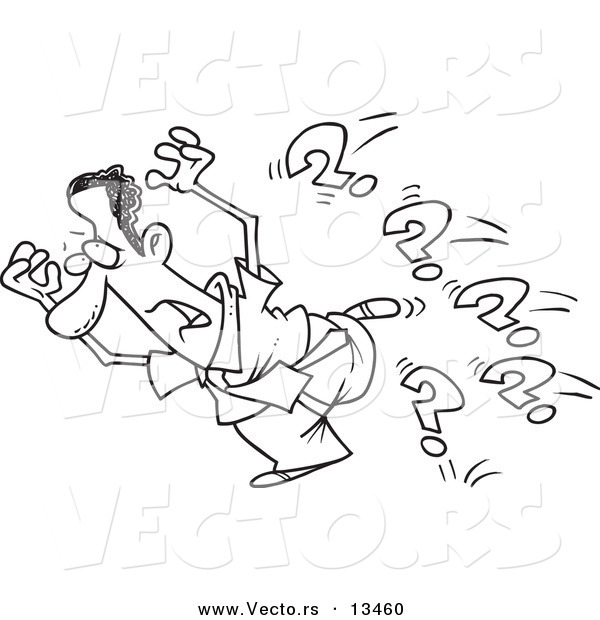 Vector of a Cartoon Businessman Running from Questions - Coloring Page Outline