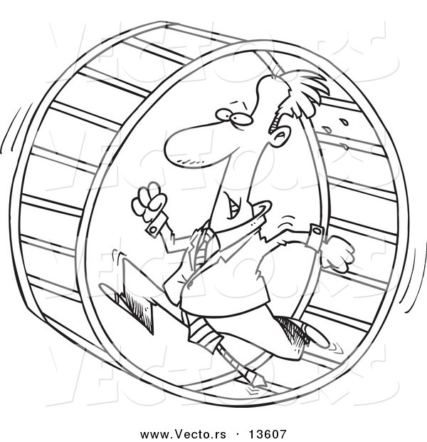 Vector of a Cartoon Businessman Running in a Wheel - Coloring Page Outline