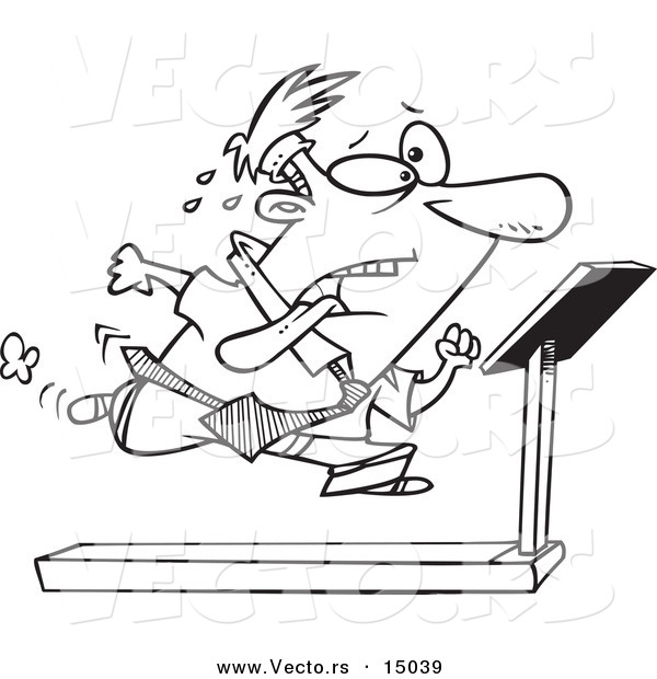 Vector of a Cartoon Businessman Running on a Treadmill in the Office Gym - Coloring Page Outline
