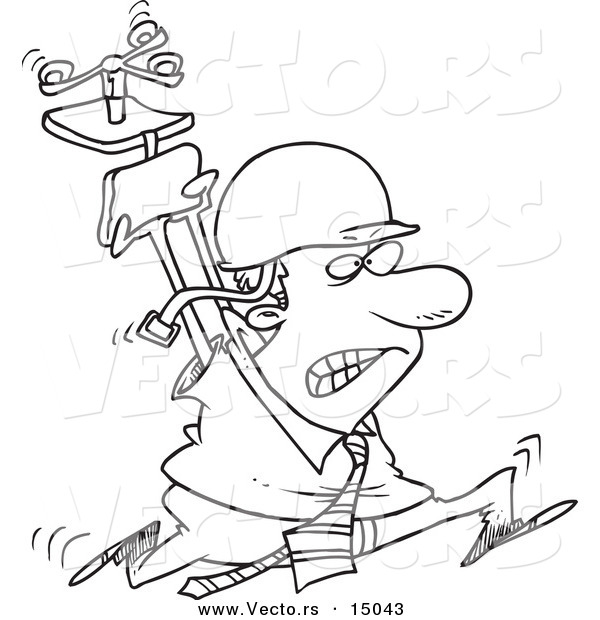 Vector of a Cartoon Businessman Running Through the Office with AHelmet and Chair Above His Head - Coloring Page Outline