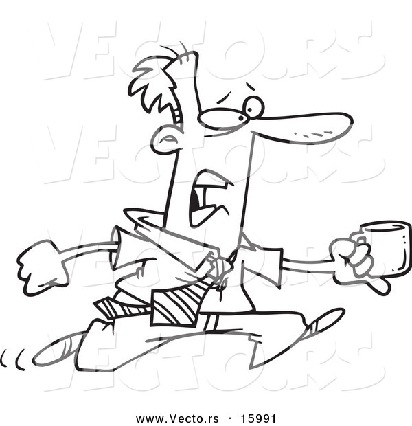 Vector of a Cartoon Businessman Running with a Cup of Coffee - Outlined Coloring Page Drawing