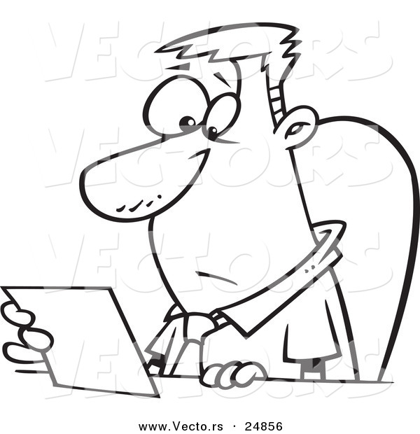 Vector of a Cartoon Businessman Seated at a Desk and Reading a Memo - Outlined Coloring Page