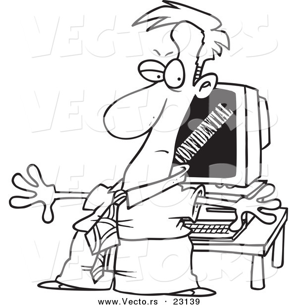Vector of a Cartoon Businessman Shielding Confidential Information on a Computer - Coloring Page Outline