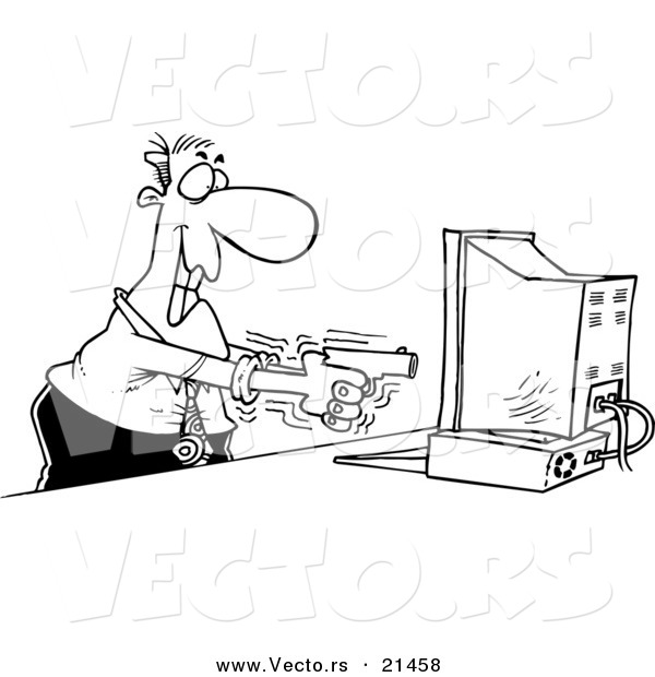 Vector of a Cartoon Businessman Shooting a Computer - Outlined Coloring Page