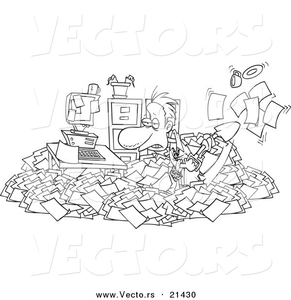 Vector of a Cartoon Businessman Shoveling Through His Office Clutter - Outlined Coloring Page