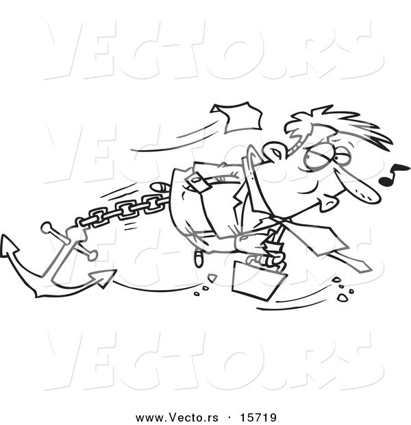 Vector of a Cartoon Businessman Sinking with an Anchor - Coloring Page Outline