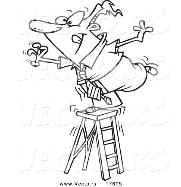 Vector of a Cartoon Businessman Standing on a Ladder and Reaching - Coloring Page Outline