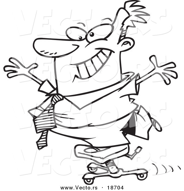 Vector of a Cartoon Businessman Standing on a Rolling Office Chair - Outlined Coloring Page