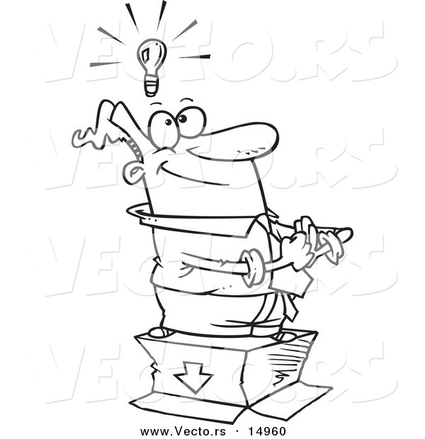 Vector of a Cartoon Businessman Standing with an Idea Outside the Box - Coloring Page Outline