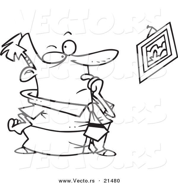 Vector of a Cartoon Businessman Staring at a Crooked Picture - Outlined Coloring Page
