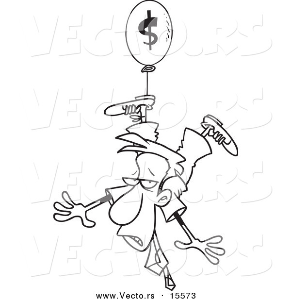 Vector of a Cartoon Businessman Suspended from an Inflation Balloon - Coloring Page Outline