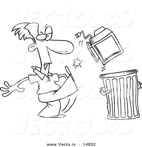 Vector of a Cartoon Businessman Throwing Away a Broken Computer - Coloring Page Outline