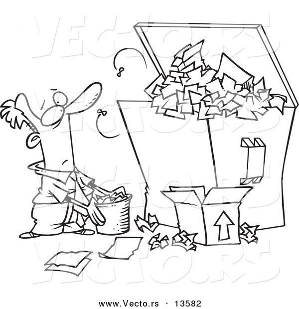 Vector of a Cartoon Businessman Tossing More Waste into a Full Dumpster - Coloring Page Outline