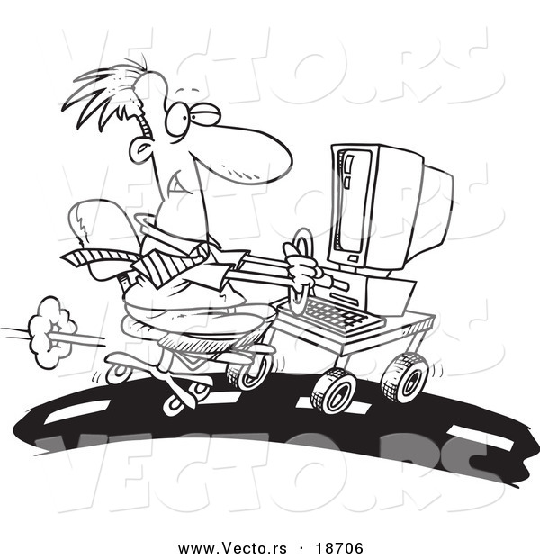 Vector of a Cartoon Businessman Using a Computer on a Highway - Outlined Coloring Page