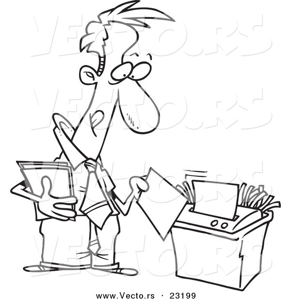 Vector of a Cartoon Businessman Using a Shredder - Coloring Page Outline