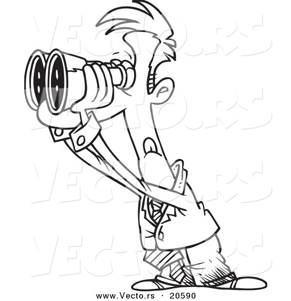 Vector of a Cartoon Businessman Viewing the Forecast Through Binoculars - Coloring Page Outline