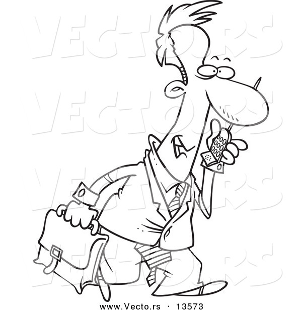 Vector of a Cartoon Businessman Walking and Talking on a Cell Phone - Coloring Page Outline