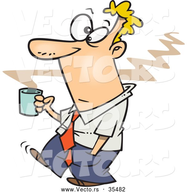 Vector of a Cartoon Businessman Walking Forward with a Hot Cup of Coffee