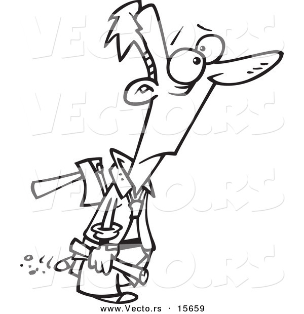 Vector of a Cartoon Businessman Walking with an Axe in His Back - Coloring Page Outline